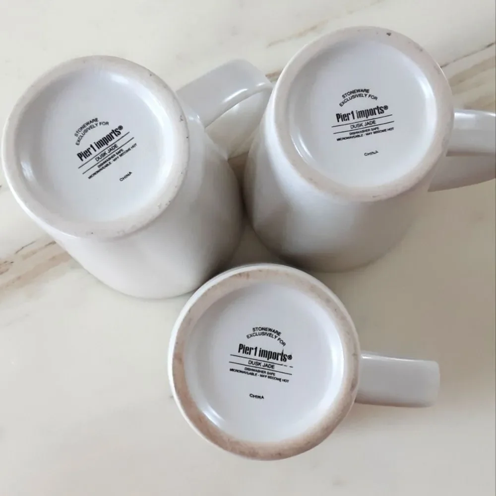 3 PIER 1 IMPORTS DUSK JADE Crackle Green Smooth White Stoneware Coffee Mugs